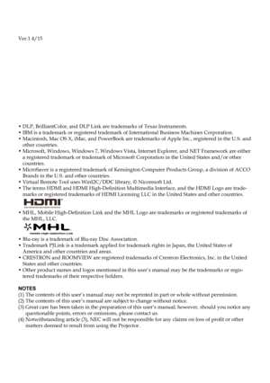 Page 2Ver.1 4/15
• DLP, BrilliantColor, and DLP Link are trademarks of Texas Instruments.• IBM is a trademark or registered trademark of International Business Machines Corporation.•  Macintosh, Mac OS X, iMac, and PowerBook are trademarks of Apple Inc., registered in the U.S. and other countries.•  Microsoft, Windows, Windows 7, Windows Vista, Internet Explorer, and NET Framework are either a registered trademark or trademark of Microsoft Corporation in the United States and/or other countries. •  MicroSaver...