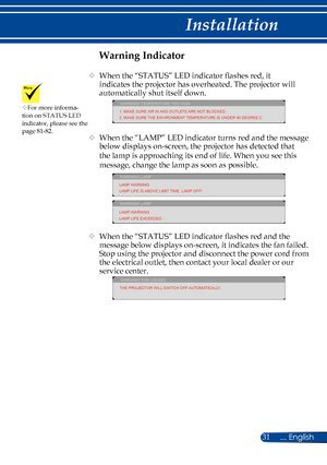 Page 3831... English
Installation
Warning Indicator
   When the “STATUS” LED indicator flashes red, it 
indicates the projector has overheated. The projector will 
automatically shut itself down.
WARNING! TEMPERATURE TOO HIGH
1. MAKE SURE AIR IN AND OUTLETS ARE NOT BLOCKED.
2. MAKE SURE THE ENVIRONMENT TEMPERATURE IS UNDER 40 DEGREE C
    When the “LAMP” LED indicator turns red and the message 
below displays on-screen, the projector has detected that 
the lamp is approaching its end of life. When you see...