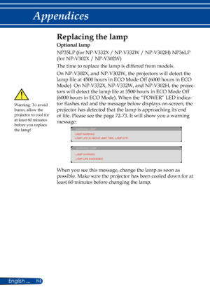 Page 9184English ...
Appendices
Replacing the lamp 
Optional lamp
NP35LP (for NP-V332X / NP-V332W / NP-V302H) NP36LP 
(for NP-V302X / NP-V302W)
The time to replace the lamp is differed from models.
On NP-V302X, and NP-V302W, the projectors will detect the 
lamp life at 4500 hours in ECO Mode Off (6000 hours in ECO 
Mode)  On NP-V332X, NP-V332W, and NP-V302H, the projec-
tors will detect the lamp life at 3500 hours in ECO Mode Off 
(6000 hours in ECO Mode). When the “POWER” LED indica-
tor flashes red and the...