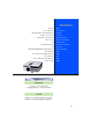 Page 47Operating Condition
46
Specifications.
Model
LCD panel size
resolution
screen size
projecting distance
remote control distance
speaker system
horizontal / vertical ratio
zoom ratio
Video Compatibility
Power
height
width
length
weight LXG-120
0.9 in.  (22.9 mm)
1024 (Horizontal) x 768 (Vertical) pixels
40-300 in. (1.01-7.6 m)
5.03-54.08 ft. (1.64-16.35 m.)
39.3 ft. (12 m)
1W
4:3 (horizontal:vertical)
1:1.3
NTSC/PAL/SECAM/NTSC4.43/PAL-M/PAL-N
AC120V 60Hz
3.9 in. (98.5 mm) (including front foot) 
9.3 in....