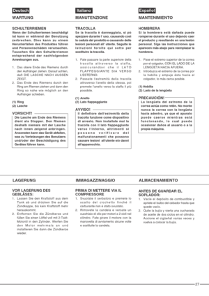 Page 2727
SCHULTERRIEMENWenn der Schulterriemen beschädigt
ist kann er während der Benutzung
zerbrechen. Dies kann zu einem
Herunterfallen des Produktes führen
und Personenschäden verursachen.
Tauschen Sie den Schulterriemen
entsprechend der nachfolgenden
Anweisungen aus.
1.Das obere Ende des Riemens durch
den Aufhänger ziehen. Darauf achten,
daß DIE LASCHE NACH AUSSEN
ZEIGT.
2.Das Ende des Riemens durch den
Ring am Riemen ziehen und dann den
Ring so nahe wie möglich an den
Aufhänger schieben.
(1) Ring
(2)...