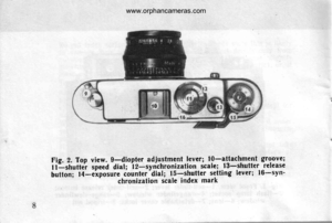 Page 8
Fig. 2. Top view. 9-diopter adjustmgnt lever; lO-attachment groove;
I I ]-shutter speed dial; i z-synchronization scale; l3-shutter release
button; I4-exposure,ir:Hjn#ltjflTfil .iuril,* |ever; I6-svn-
www.orphancameras.com  