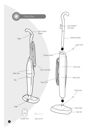 Page 44
Trigger
Strain Reliever
Handle
TM
Water Tank
Filter
Toggle
Quick ReleaseTM
Cord Wrap
Handle Assembly
Large Screw
Lower Body
Ready Light
Small Screw
Swivel Head
Mop Pad
Power Cord
Lower Cord Wrap
Carrying Handle
Product View
Storage HookClean Out Pin 