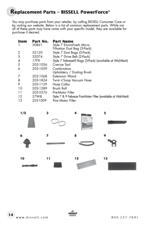 Page 14www.bissell.com 800.237.7691
Replacement Parts – BISSELL PowerForce®
14
You may purchase parts from your retailer, by calling BISSELL Consumer Care or 
by visiting our website. Below is a list of common replacement parts. While not 
all of these parts may have come with your specific model, they are available for 
purchase if desired.  
Item Part No.  Part Name1 30861  Style 7 EnviroFresh Micro  
    Filtration Dust Bag (3-Pack)
2  32120  Style 7 Dust Bags (3-Pack)
3  32074  Style 7 Drive Belt (2-Pack)
4...