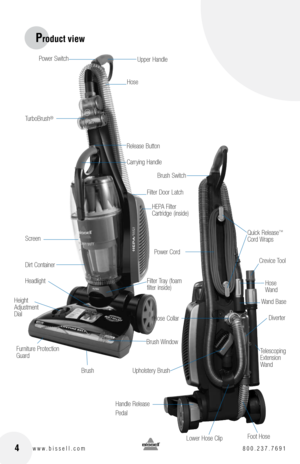 Page 4 4www.bissell.com 800.237.7691
Upper Handle
Hose
TurboBrush®
Crevice Tool
T elescoping   
Extension   
WandDirt Container
Headlight
Height   
Adjustment   
Dial
Brush
Furniture Protection 
Guard
Release Button
Carrying Handle
Filter Door Latch
Screen
HEPA Filter 
Cartridge (inside)
Filter Tray (foam 
filter inside)
Brush Window
Power Switch
Brush Switch
Hose Collar
Upholstery Brush
Lower Hose Clip
Handle Release 
Pedal
Quick Release™ 
Cord Wraps
Hose   
Wand
Wand Base
Diverter
Foot Hose
Power Cord...
