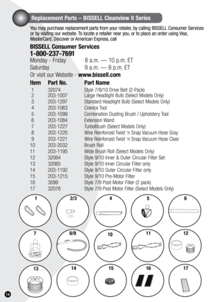 Page 141.14
Replacement Parts – BISSELL Cleanview II Series
12/34
7
56
8/9101112
1415161713
7
You may purchase replacement parts from your retailer, by calling BISSELL Consumer Services 
or by visiting our website. To locate a retailer near you, or to place an order using Visa, 
MasterCard, Discover or American Express, call
BISSELL Consumer Services
1-800-237-7691 
Monday - Friday 8 a.m. — 10 p.m. ET
Saturday    9 a.m. — 8 p.m. ET
Or visit our Website - www.bissell.com
 
Item  Part no.  Part name
 1  32074...