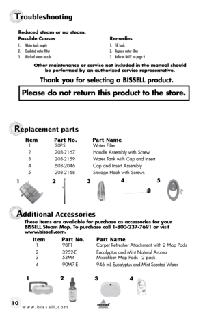 Page 10Troubleshooting
Item Part No.  Part Name  1 20P5  Water filter
  2  203-2167   handle Assembly with Screw
  3  203-2159   Water Tank with Cap and Insert
  4  603-2046   Cap and Insert Assembly
  5  203-2168   Storage hook with Screws 
2
1 34
5
4
2 3
1
Additional Accessories
These items are available for purchase as accessories for your 
 
BIssell steam Mop. To purchase call 1-800-237-7691 or visit   
www.bissell.com.  
Item Part No.  Part Name
  1 98T1  Carpet Refresher Attachment with 2 Mop Pads
  2...