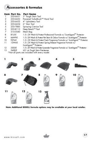 Page 17www.bissell.com 17
Accessories & formulas
Item Part No.  Part Name 1 203-6651  3” Tough Stain Tool
 2  203-6652  Powered TurboBrush™ Hand Tool
 3  203-6653  4” Upholstery Tool
 4  203-6654  6” Stair Tool
 5  203-7885  Spraying Crevice Tool 
 6   203-8113  Deep Reach™ Tool
 7  310-3040  Mesh Bag
 8   81L5-E  1.5 L 2X Wash & Protect Professional Formula w/ Scotchgard™ Protector
 9   66W9-E  1.5 L 2X Wash & Protect Pet Stain & Odour Formula w/ Scotchgard ™
 Protector
10  92F4-E  1.5 L 2X Wash & Protect...