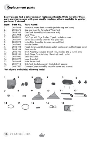 Page 18Below please find a list of common replacement parts. While not all of these 
parts may have come with your specific machine, all are available to you fo\
r 
purchase, if desired.
Item Part No.  Part Name
1 203-7893  Formula & Water Tank Assembly (includes cap and insert)
2.  203-6675  Cap and Insert for Formula & Water Tank
3.  203-8102  Dirty Tank Assembly (includes entire tank)
4.  203-7904  Cord Wrap
5.  203-7896  End Caps with Edge Brushes (2 pack, includes screws)
6.  203-7897  Spray Tips Assembly...
