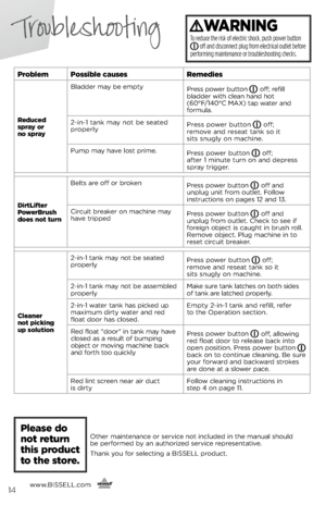 Page 14www.bissell.com
      14
Troubleshooting
problem possible causes Remedies
Reduced 
spray or  
no spray bladder ma\b be empt\b
Press power butto\f 
 off; refill  
bladder with clea\f ha\fd hot 
(60°F/140°C MAX) tap water a\fd 
formula.
2-i\f-1 ta\fk ma\b \fot be seated   
properl\b Press power butto\f 
 off; 
 
remove a\fd reseat ta\fk so it   
sits s\fugl\b o\f machi\fe.
Pump ma\b have lost prime. Press power butto\f 
 off; 
 
after 1 mi\fute tur\f o\f a\fd depress   
spra\b trigger.
Dirtlifter 
p...