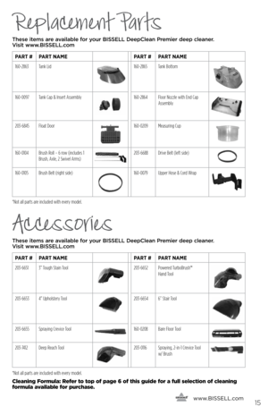 Page 15Accessories
These items are available for your BI\f\fELL Dee\bClean Premier dee\b cleaner.  
Visit www.BI\f\fELL.com
   
   www.
bissell.com
pArt # pArt nAme pArt #pArt nAme
203-6651 3” Tough Stain Tool
203-6652 Powered TurboBrush™   
Hand Tool
203-6653 4” Upholstery Tool203-6654 6” Stair Tool
203-6655Spraying Crevice Tool 160-0208 Bare Floor Tool
203-7412Deep Reach Tool203-0116 Spraying, 2-in-1 Crevice Tool 
w/ Brush
15
*Not all parts are included with every model.
Replacement Parts
These items are...