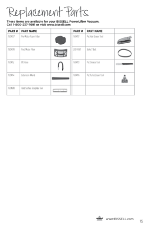 Page 15Replacement Parts
These items are available for your BISSELL PowerLifter Vacuum.  
Call 1-800-237-7691 or visit www.bissell.com
  
   www.
BISSELL.com
 
PART #PART NAME PART #PART NAME
1604127  Pre-Motor Foam Filter   
1604117Pet Hair Eraser Tool
1604130Post Motor Filter203-1093 Style 7 Belt
16041128ft Hose1604113 Pet Crevice Tool
1604114Extension Wand1604116 Pet TurboEraser Tool
1604938Hard Surface Soleplate Tool
15
Problem Possible causes Remedies
Vacuum  
cleaner won’t   
turn on Power cord not...