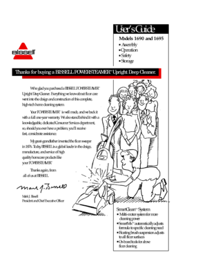 Page 1Models 1690 and 1695
n
Assembly
n
Operation
n
Safety
n
Storage
SmartCleanTM
System
n
Multi-motor system for more 
cleaning power
n
SmartMixTM
automatically adjusts
formula to specific cleaning need
n
Floating brush suspension adjusts 
to all floor surfaces
nOn-board tools for above 
floor cleaningUser’s GuideWe’re glad you purchased a BISSELLP O W E R S T E A M E R™
Upright Deep Cleaner. Everything we know about floor care
went into the design and construction of this complete, 
high-tech home cleaning...