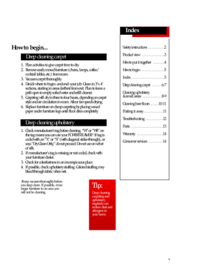 Page 55Index
Safety instructions . . . . . . . . . .2
Product view . . . . . . . . . . . . . .3
How to put it together . . . . . . .4
How to begin . . . . . . . . . . . . . .5
Index . . . . . . . . . . . . . . . . . . . .5
Deep cleaning carpet . . . . . .6-7
Cleaning upholstery 
& small areas . . . . . . . . . . . .8-9
Cleaning bare floors . . . . .10-11
Putting it away . . . . . . . . . . . .11
Troubleshooting . . . . . . . . . . .12
Parts . . . . . . . . . . . . . . . . . . .13
Warranty . . . . . . . . . . ....