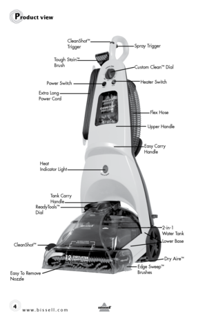 Page 4www.bissell.com 4
CleanShot™ 
Trigger
Tough Stain
™ 
Brush
Extra Long 
Power Cord
Heat   
Indicator Light Easy Carry 
Handle
Tank Carry 
Handle
Upper Handle
ReadyTools™ 
Dial
Flex Hose
CleanShot
™
Heater Switch
Easy To Remove 
Nozzle Edge Sweep
™ 
Brushes Dry Aire
™
Lower Base 2-in-1 
Water Tank
Product view
Spray Trigger
Custom Clean
™ Dial
Power Switch  