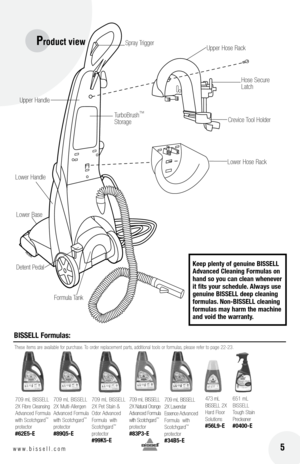 Page 5 5w w w . b i s s e l l . c o m 	
Product vie\f
bISSEll form\fl\bs:
Formula Tank
Cre\fice Tool Holder 
Upper Hose Rack
Lower Handle TurboBrush
™ 
S\borage
De\ben\b Pedal
Lower Hose Rack
Keep plenty of gen\fine 
bISSEll 
adv\bnced  cle\bning form\fl\bs on 
h\bnd so yo\f c\bn cle\bn whenever 
it fits yo\fr sched\fle.  alw\bys \fse 
gen\fine  bISSEll deep cle\bning 
form\fl\bs. Non-bISSEll cle\bning 
form\fl\bs m\by h\brm the m\bchine 
\bnd void the w\brr\bnty.
Upper Handle
Spray Trigger
Hose Secure...