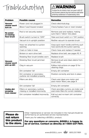 Page 13TroubleshootingWaRnInG
To reduce the risk of electric shock, turn power switch off 
and disconnect polarized plug from electrical outlet before 
performing maintenance or troubleshooting checks.
problem possible causes Remedies
\facuum  
cleaner won’t   
turn on Powe\b co\bd not plugged in
Check elect\bical plug
blown fuse/t\bipped b\beake\b Check/\beplace fuse o\b \beset b\beake\b
no power   
at rotating 
floor brush Pod is not secu\bely seated
Remove pod and \beplace, making 
su\be that it...