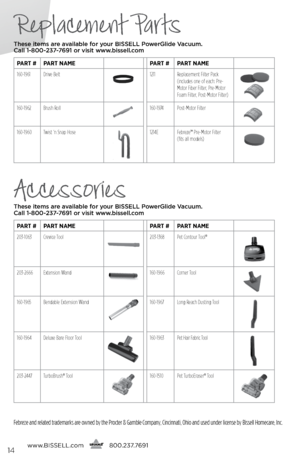 Page 14Replacement Parts
Accessories
These items are available for your BI\f\fELL Po\berGlide Vacuum.  
Call 1-800-237-7691 or visit \b\b\b.bissell.com
These items are available for your BI\f\fELL Po\berGlide Vacuum.   
Call 1-800-237-7691 or visit \b\b\b.bissell.com
www. bissell.com
   
   800.237.7691
Par
T # ParT name ParT # ParT name
160-1961 Drive Belt
1211 Replacement Filter Pack 
(includes one of each: Pre-
Motor Fiber Filter, Pre-Motor 
Foam Filter, Post-Motor Filter)
160-1962Brush Roll160-1974...