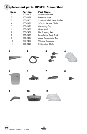 Page 10www.bissell.com10Item 
Part No.  Part Name
 1 203-2407  Accessory Nozzle
 2  203-2419  Extension Hose
 3  203-2405  3 Color Coded Detail Brushes
 4  203-2420  2-Fabric Steamer Cloths
 5  203-2421  Measuring Cup
 6  203-2401  Grout Brush
 7  203-2402  Flat Scraping Tool
 8  203-2403  Brass Bristle Detail Brush
 9  203-2406  Angle Concentrator Tool
10  203-2408  Window Squeegee
11  203-2423  2-Microfiber Cloths
Replacement parts- BISSELL Steam Shot
1 3
7
114
8
5
9 2
6
10  