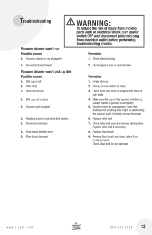 Page 13 Troubleshooting
Vacuum cleaner won’t run
possible causes  Remedies
1. Vacuum cleaner is not plugged in  1. Check electrical plug
2.  Household fuse/breaker  2. Check/replace fuse or reset breaker
Vacuum cleaner won’t pick up dirt
possible causes    Remedies
1. Dirt cup is full  1. Empty dirt cup
2.  Filter dirty  2. Check, remove debris or clean
3.  Hose not secure  3. Check to be sure hose is snapped into place at   
    both ends
4.  Dirt cup not in place  4. Make sure dirt cup is fully inserted and...