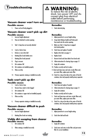 Page 13www.bissell.com 13
TroubleshootingWARNING:  To reduce the risk of electric 
shock, turn power OFF and dis-
connect plug from electrical  
outlet before performing   
maintenance or troubleshooting.
Vacuum cleaner won’t turn on
Possible causes  Remedies
1. Power cord not firmly plugged in  1. Check electrical plug
Vacuum cleaner won't pick up dirt
Possible causes   Remedies1. Incorrect height adjustment  1. Adjust powerfoot to correct height setting
2.  Hose not attached to suction opening  2. Grasp...
