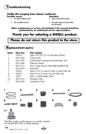 Page 14Item Part No.  Part Name
 1 32074  Style 7/9/10/12/14 Drive Belt (2-Pack)
 2  203-1056  Crevice Tool
 3  203-1059  Combination Dusting Brush/Upholstery Tool 
 4  203-1068  Extension Wand
 5   203-1216  Twist ‘n Snap Vacuum Hose 
(Select Models Only)
 6  203-5624  Brush Roll
 7   32064  Style 9/10/12 Inner & Outer Circular Filter Set
 8  32065  Style 9/10/12 Inner Circular Filter only
 9  3205  Style 12 HEPA Media Filter*
10  203-1215  Pre-Motor Filter
11  203-1429 TurboBrush
™ Tool
www.bissell.com...