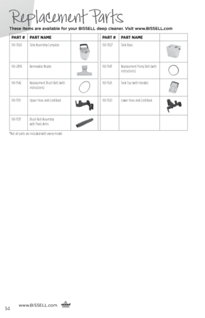 Page 14www.bissell.com
      14
Replacement Parts
These items are available for your BI\f\fELL dee\b cleaner. Visit www.BI\f\fELL.com
pArt #pArt nAme pArt #pArt nAme
160-3026 Tank Assembly Complete
160-3027 Tank Base
160-2858Removable Nozzle160-1543 Replacement Pump Belt (with 
instructions)
160-1542Replacement Brush Belt (with 
instructions)160-1526 Tank Top (with Handle)
160-1519 Upper Hose and Cord Rack160-1520 Lower Hose and Cord Rack
160-1537Brush Roll Assembly   
with Pivot Arms
*Not all parts are...