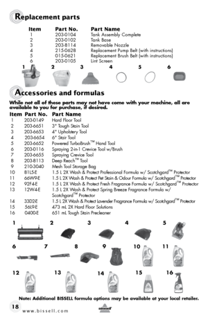 Page 18www.bissell.com 
Replacement parts  
Accessories and formulas
18Item 
Part No.  Part Name
 1  203-0104  Tank Assembly Complete
 2  203-0102  Tank Base
 3  203-8114  Removable Nozzle
 4  215-0628  Replacement Pump Belt (with instructions)
 5  015-0621  Replacement Brush Belt (with instructions)
 6  203-0105  Lint Screen
While	not	all	of	these	 parts	may	not	have	 come	 with	your	 machine,	 all	are 	
available	 to	you	 for	purchase,	 if	desired.
Item  Part No.  Part Name
 1 203-0149  Hard Floor Tool
 2...