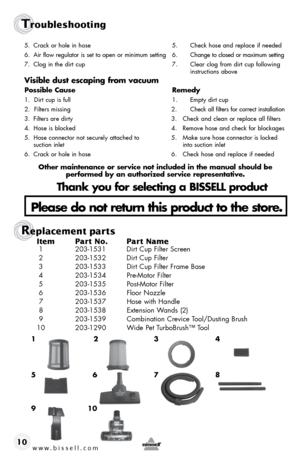 Page 105. Crack or hole in hose  5. Check hose and replace if needed
6.  Air flow regulator is set to open or minimum setting  6.  Change to closed or maximum setting
7.  Clog in the dirt cup  7. Clear clog from dirt cup following  
       instructions above
Visible dust escaping from vacuum
Possible cause Remedy
1. Dirt cup is full  1.  empty dirt cup 
2.  Filters missing  2.  Check all filters for correct installation
3.  Filters are dirty  3. Check and clean or replace all filters
4.  hose is blocked  4....