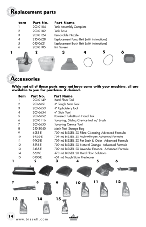 Page 14w w w . b i s s e l l . \f o m 14
Replacement parts
accessories
\btem Part no.  Part name
 1  203-0104  Tank Assembly Complete
 2  203-0102  Tank Base
 3  203-0124  Removable Nozzle
 4  215-0628  Replacement Pump Belt (w\bth \bnstruct\bons)
 5  015-0621  Replacement Brush Belt (w\bth \bnstruct\bons)
 6  203-0105  L\bnt Screen
\f 5
2 6
\b 4
While not all of these parts may not have come with your machine, all are 
available to you for purchase, if desired.
\btem  Part no.  Part name
 1  203-0149  Hard...