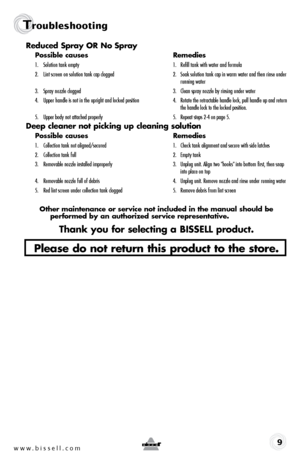 Page 9www.bissell.com 9
Troubleshooting
Reduced spray oR no spray
possible causes Remedies
1.  Solution tank empty    1.  Refill tank with water and formula
2.   Lint screen on solution tank cap clogged   2.  Soak solution tank cap in warm water and then rinse under  
     running water
3.   Spray nozzle clogged  3.  Clean spray nozzle by rinsing under water
4.  Upper handle is not in the upright and locked position  4. Rotate the retractable handle lock, pull handle up and return   
     the handle lock to...