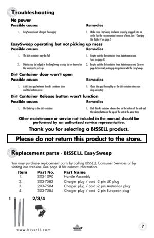 Page 77
Tro\fbleshooting
no power
possible causes   \bemedies
1.	 EasySweep	is	not 	charge\f 	thoroughly	 1.	 Ma\be	sure	EasySweep 	has	been 	properly 	plugge\f	into	an		
		 	 outlet	for	the 	recommen\fe\f 	amount	of	time. 	See	“Charging	 	
		 	 the	Battery” 	on	page 	5
easy sweep operating but not picking up mess
p ossible causes   \bemedies
1.	 The	\firt	container 	may	be	full	 1.	 Empty	out	the	\firt 	container 	(see	Maintenance 	an\f		
		 	 Care	on	page 	6)
2.	 Debris 	may	be	lo\fge\f 	in	the 	EasySweep...