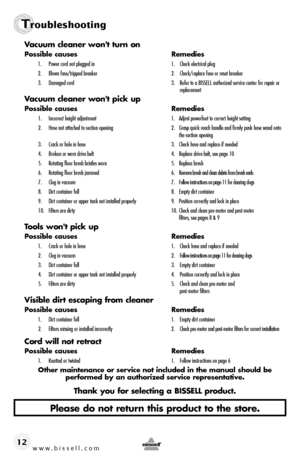 Page 12Troubleshooting
www.bissell.com 12Vacuum cleaner won't turn on
possible causes 
Remedies
1. Power cord not plugged in  1. Check electrical plug
2.  Blown fuse/tripped breaker  2. Check/replace fuse or reset breaker
3.  Damaged cord  3. Refer to a BISSELL authorized service center for repair or   
    replacement
Vacuum cleaner won't pick up
possible causes  Remedies
1. Incorrect height adjustment  1. Adjust powerfoot to correct height setting
2.  Hose not attached to suction opening   2. Grasp...
