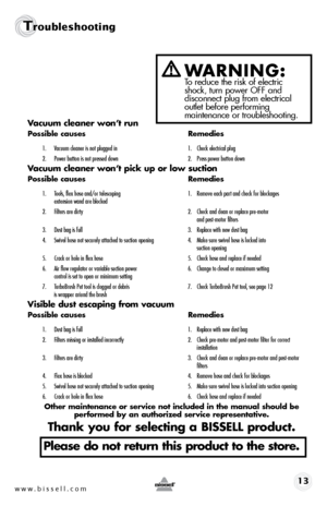 Page 13www.bissell.com 13
Troubleshooting
WARNING:  To reduce the risk of electric 
shock, turn power OFF and   
disconnect plug from electrical   
outlet before performing   
maintenance or troubleshooting.
Vacuum cleaner won’t run
Possible causes  Remedies
1. Vacuum cleaner is not plugged in  1. Check electrical plug
2.  Power button is not pressed down  2. Press power button down
Vacuum cleaner won’t pick up or low suction
Possible causes  Remedies
1. Tools, flex hose and/or telescoping   1. Remove each part...