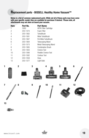 Page 1919www.bissell.com
below is a list of common replacement parts. While not all of these parts may have come 
with your specific model, they are available for purchase if desired.  Please note, all  
attachments may not store on board your vacuum.
Item  Part no.  Part name
1  3282   hePA filter Cartridge
2  203-1374  foam  filter
3  203-1362  TurboBrush
4  203-1381  Wide TurboBrush
5  203-1367  Pet Wide TurboBrush
6  203-1364  Telescoping Wand
7  203-1373  metal Telescoping Wand
8  203-1365  Combination...