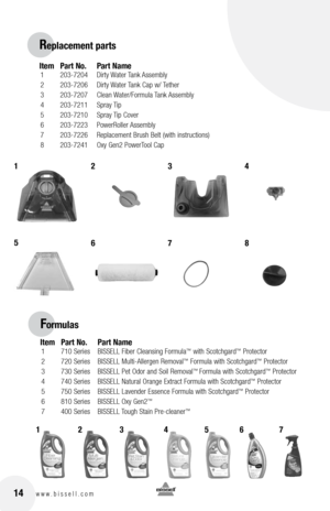 Page 1414www.bissell.com 
Item Part No.  Part Name
 1  203-7204  Dirty Water Tank Assembly
 2  203-7206  Dirty Water Tank Cap w/ Tether
 3  203-7207  Clean Water/formula Tank Assembly
 4  203-7211  Spray Tip
 5  203-7210  Spray Tip Cover
 6  203-7223  PowerRoller Assembly
 7  203-7226  Replacement Brush Belt (with instructions)
 8  203-7241  oxy Gen2 PowerTool Cap
Replacement parts
1
5 2
63
7
8 4
5
Item Part No.  Part Name
 1  710 Series  BISSELL fiber Cleansing  formula™ with Scotchgard™ Protector
 2  720...