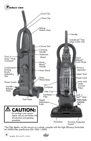 Page 4www.bissell.com 4
Product view
CAUTION:  Do not plug in your vacuum 
cleaner until you are familiar with 
all instructions and operating 
procedures.
Handle
TurboBrush
™ T ool 
(select models only)
PowerfootFurniture Protection 
Guard
Height 
Adjustment 
Knob
Carrying
Handle
Power Switch Crevice Tool
Quick 
Reach
™ 
Handle
Handle 
Release   
Pedal Deluxe 
Stretch Hose 
Extension 
Wand
Combination 
Dusting 
Brush/ 
Upholstery 
Tool
Hose Wand
Hose   
Wand Base
Foot Hose Hose Clip
Cord Clip
Twist 'n...