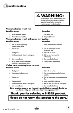 Page 13www.bissell.com 13
Troubleshooting
WARNING:  To reduce the risk of electric shock, turn 
power OFF and disconnect plug from   
electrical outlet before performing   
maintenance or troubleshooting.
Vacuum cleaner won’t run
Possible causes  Remedies
1. Vacuum cleaner is not plugged in  1. Check electrical plug
2.  Power button is not pressed down  2. Press power button down
Vacuum cleaner won’t pick up or low suction
Possible causes  Remedies
1. Tools, flex hose and/or telescoping   1. Remove each part...