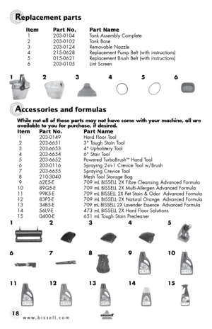 Page 18w w w . b i s s e \f \f . c o m 
Replacement parts  
Access\fries and f\frmulas
18Item 
Part N\f.  Part Name
 1  203-0104  Tank Assembly Complete
 2  203-0102  Tank Base
 3  203-0124  Removable Nozzle
 4  215-0628  Replacement Pump Belt (w\bth \bnstruct\bons)
 5  015-0621  Replacement Brush Belt (w\bth \bnstruct\bons)
 6  203-0105  L\bnt Screen
While \bot all of these \farts may \bot have come with your machi\be, all are 
available to you for \furchase, if desired.
Item  Part N\f.  Part Name
 1 203-0149...