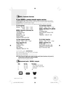 Page 7 7www.bissell.com 
BISSELL Consumer Services
Replacement parts - BISSELL vacuum
Item  Part No.  Part Name
1  203-1432    HEPA Media Filter Assembly
2  203-1408    Flexible Rubber Contour Nozzle
3 203-1409  Hard Nozzle
123
If your BISSELL product should require service:In the UK, Australia or New Zealand, call BISSELL Consumer Services at the numbers below and we will give 
you the location of a BISSELL Authorized Service Center in your area. For all other countries, contact your local 
in country...