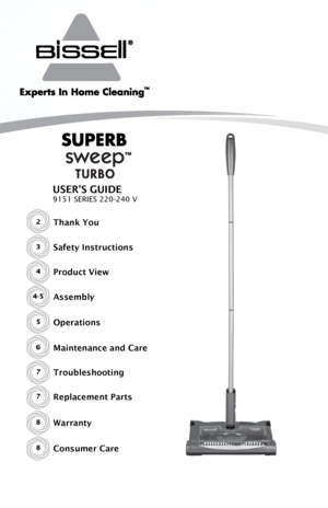 Page 1USER'S GUIDE
9151 SERIES 220-240 V
2Thank You
Safety Instructions
Product View
Assembly
Operations
Maintenance and Care
TroubleshootingReplacement Parts
3
4
4-5
5
6
7
7
Warranty
Consumer Care8
8    