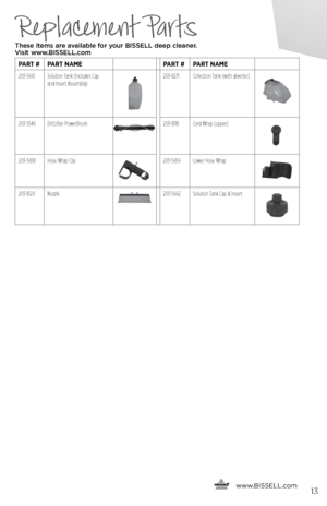 Page 13      www.
BISSELL.com13
Replacement Parts
These items are available for your BI\f\fELL dee\b cleaner.   
Visit www.BI\f\fELL.com
PART # PART NAME PART #PART NAME
203-5661 Solution Tank (Includes Cap   
and Insert Assembly)
203-8271 Collection Tank (with diverter)
203-5546DirtLifter PowerBrush203-8118 Cord Wrap (upper)
203-5658Hose Wrap Clip203-5659 Lower Hose Wrap
203-8120Nozzle203-5662 Solution Tank Cap & Insert  