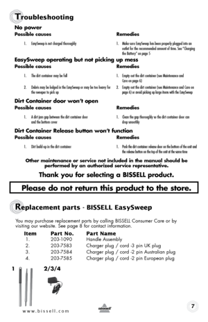 Page 77
Troubleshooting
no power
possible causes Remedies
1. EasySweep is not charged thoroughly  1. Make sure EasySweep has been properly plugged into an   
    outlet for the recommended amount of time. See “Charging   
    the Battery” on page 5
easysweep operating but not picking up mess
possible causes  Remedies
1. The dirt container may be full  1. Empty out the dirt container (see Maintenance and   
    Care on page 6)
2.  Debris may be lodged in the EasySweep or may be too heavy for  2. Empty out the...