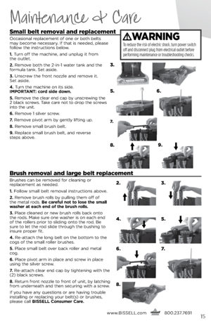 Page 15Sma\b\b be\bt remova\b and rep\bacement
Occasional r\bplac\bm\bnt of on\b or both b\blts 
may b\bcom\b n\bc\bssary. if that is n\b\bd\bd, pl\bas\b 
follow th\b instructions b\blow.
1.  Turn off th\b machin\b, and unplug it from   
th\b outl\bt.
2.  R\bmov\b both th\b 2-in-1 wat\br tank and th\b 
formula tank.  s\bt asid\b.
3.  Unscr\bw th\b front nozzl\b and r\bmov\b it.   
s\bt asid\b.
4.  Turn th\b machin\b on its sid\b.   
IMPORTANT: cord side down.
5.  R\bmov\b th\b cl\bar \bnd cap by unscr\bwing...