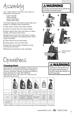 Page 5www.bissell.com
      800.237.76915
\four d\b\bp cl\ban\br com\bs in four, \basy to 
ass\bmbl\b compon\bnts: 
  Upp\br Handl\b  
  l ow\br Handl\b  
  Upp\br Hos\b Rack  
  l ow\br Hos\b Rack
Th\b only thing you will n\b\bd to ass\bmbl\b your 
cl\ban\br is a Phillips h\bad scr\bwdriv\br.
1.  slid\b upp\br handl\b onto low\br handl\b. 
2.  scr\bw 3 scr\bws into th\b mark\bd hol\bs.
3.  Plac\b upp\br hos\b rack onto back of upp\br 
handl\b, and s\bcur\b with scr\bw.
4.  Plac\b low\br hos\b rack onto back...