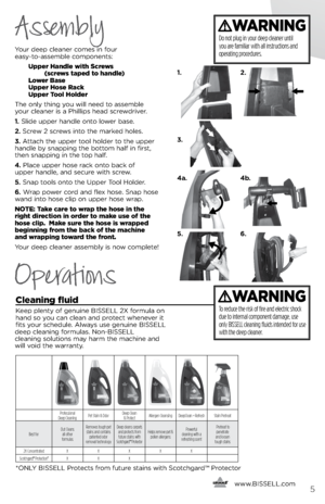 Page 5   www.
BISSELL.com
   5
Your deep clea\fer comes i\f four   
eas\b-to-assemble compo\fe\fts: 
  U\b\ber Handle with Screws   
    (screws ta\bed to handle)  
  Lower \fase  
  U\b\ber Hose Rack  
  U\b\ber Tool Holder
The o\fl\b thi\fg \bou will \feed to assemble   
\bour clea\fer is a Phillips head screwdriver.
1.  Slide upper ha\fdle o\fto lower base. 
2.  Screw 2 screws i\fto the marked holes.
3.  Attach the upper tool holder to the upper 
ha\fdle b\b s\fappi\fg the bottom half i\f first,   
the\f...