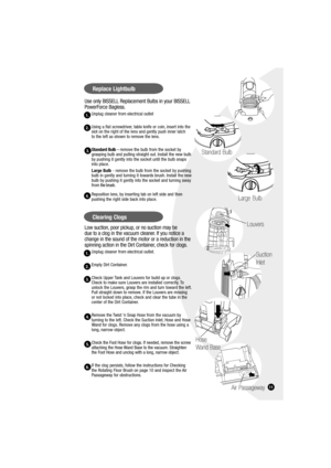 Page 11Use only BISSELL Replacement Bulbs in your BISSELL 
PowerForce Bagless.
Unplug cleaner from electrical outlet
Using a flat screwdriver, table knife or coin, insert into the 
slot on the right of the lens and gently push inner latch 
to the left as shown to remove the lens.
Standard Bulb – remove the bulb from the socket by 
grasping bulb and pulling straight out. Install the new bulb 
by pushing it gently into the socket until the bulb snaps 
into place. 
Large Bulb - remove the bulb from the socket by...