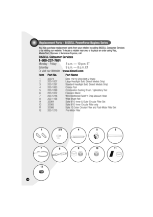 Page 1414
Replacement Parts – BISSELL PowerForce Bagless Series
You may purchase replacement parts from your retailer, by calling BISSELL Consumer Services 
or by visiting our website. To locate a retailer near you, or to place an order using Visa, 
MasterCard, Discover or American Express, call
BISSELL Consumer Services
1-800-237-7691 
Monday - Friday  8 a.m. — 10 p.m. ET
Saturday    9 a.m. — 8 p.m. ET
Or visit our Website - www.bissell.com
 
Item  Part No.  Part Name
 1  32074  Style 7/9/10 Drive Belt...