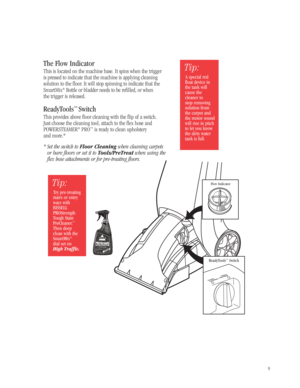 Page 89
Tip:
A special red
float device in
the tank will
cause the 
cleaner to 
stop removing
solution from
the carpet and
the motor sound
will rise in pitch
to let you know
the dirty water
tank is full.
The Flow Indicator
This is located on the machine base. It spins when the trigger
is pressed to indicate that the machine is applying cleaning
solution to the floor. It will stop spinning to indicate that the
SmartMix
®Bottle or bladder needs to be refilled, or when 
the trigger is released.
ReadyTools™Switch...