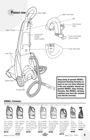 Page 5 5www.bissell.com 800.237.7691
Product view
BISSELL Formulas:
Formula Tank
Crevice Tool Holder 
(select models)
Upper Hose Rack
Lower BaseTurboBrush
® 
Storage 
(select models)
Detent Pedal
Lower Hose Rack
Keep plenty of genuine BISSELL 
Advanced Cleaning Formulas on 
hand so you can clean whenever 
it fits your schedule. Always use 
genuine BISSELL deep cleaning 
formulas. Non-BISSELL cleaning 
solutions may harm the machine 
and void the warranty.
Upper Handle
Spray Trigger
Hose Secure 
Latch
These...